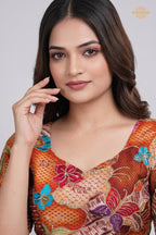 Rust Orange Printed Viscose Blouse with Embroidered Work