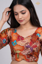 Rust Orange Printed Viscose Blouse with Embroidered Work