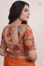 Rust Orange Printed Viscose Blouse with Embroidered Work