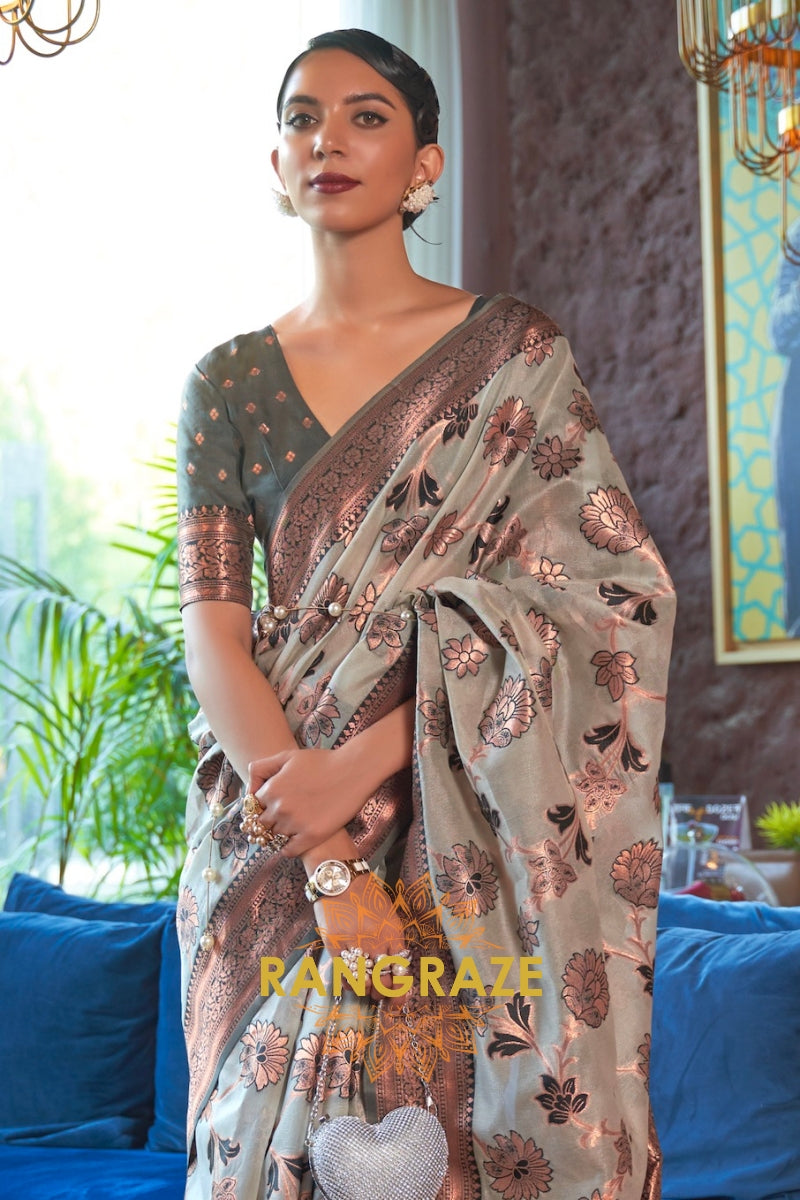 Shimmering Grey Organza Copper Zari Weaving Banarasi Silk Saree