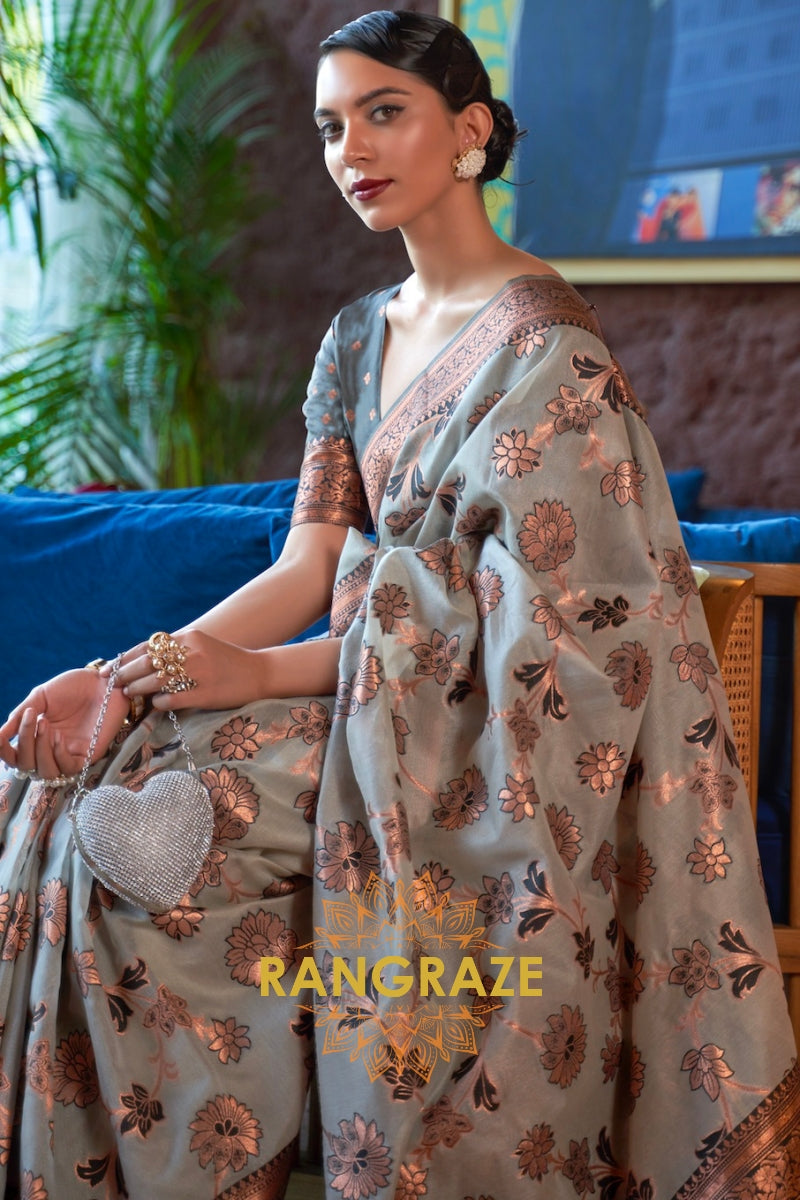 Shimmering Grey Organza Copper Zari Weaving Banarasi Silk Saree