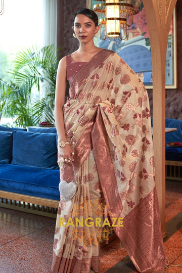 Shimmering Beige Organza Copper Zari Weaving Banarasi Silk Saree