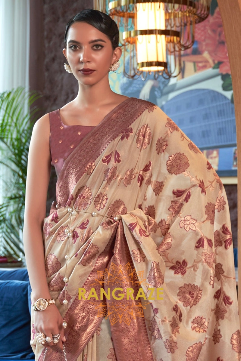 Shimmering Beige Organza Copper Zari Weaving Banarasi Silk Saree
