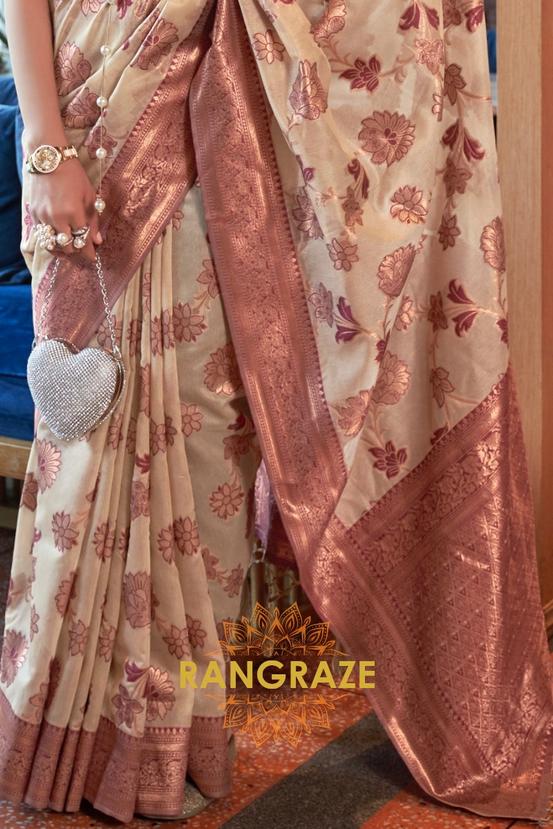 Shimmering Beige Organza Copper Zari Weaving Banarasi Silk Saree