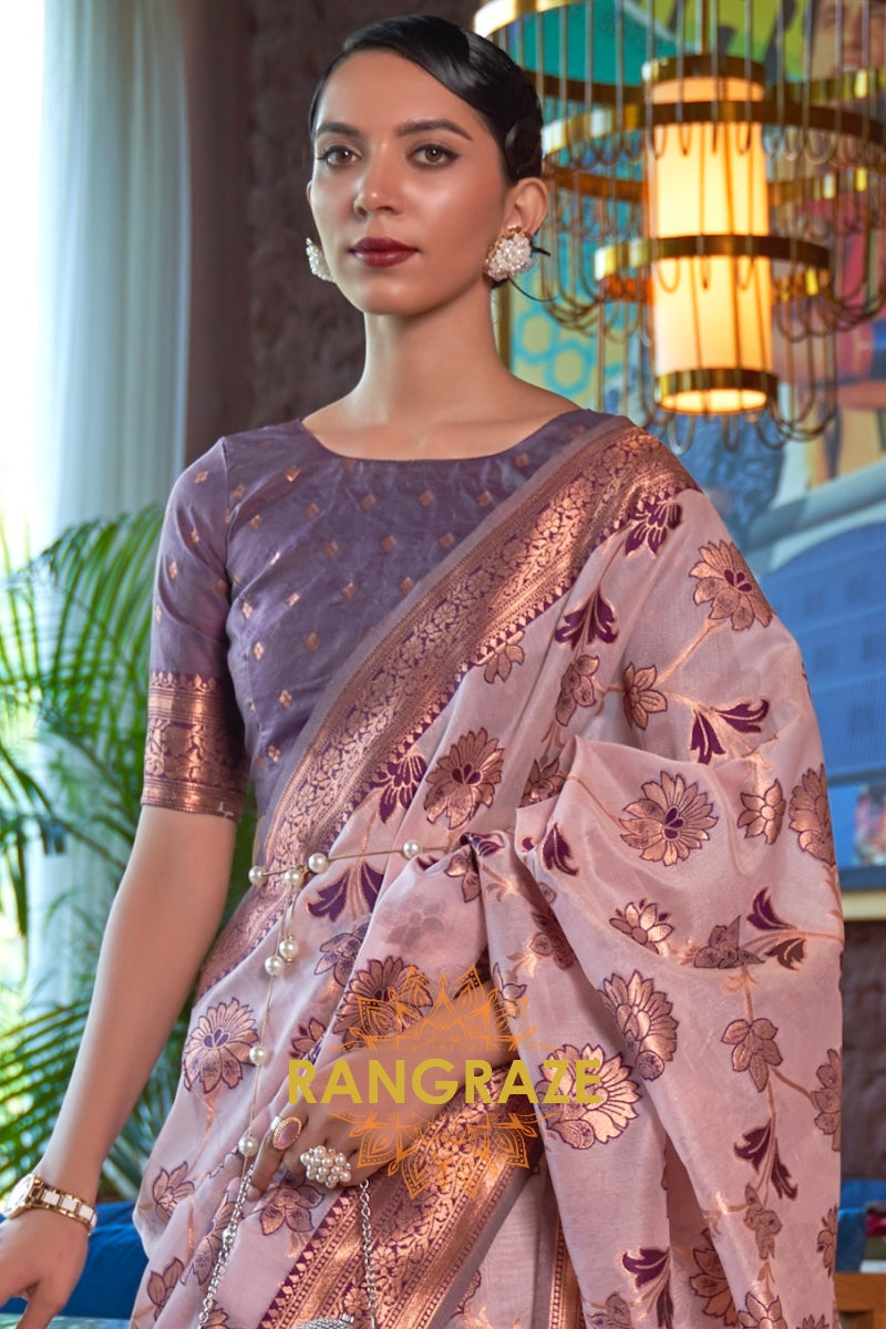 Shimmering Baby Pink Organza Copper Zari Weaving Banarasi Silk Saree