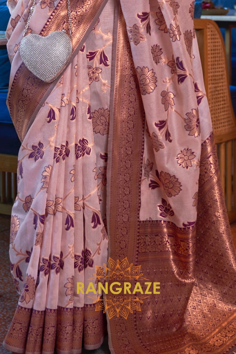 Shimmering Baby Pink Organza Copper Zari Weaving Banarasi Silk Saree