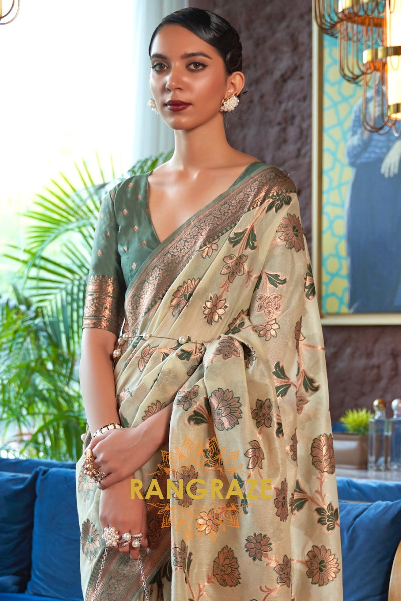 Shimmering Yellow Organza Copper Zari Weaving Banarasi Silk Saree