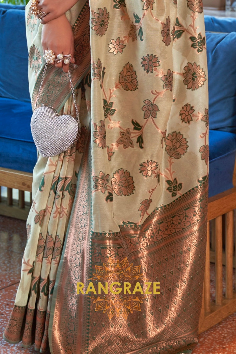 Shimmering Yellow Organza Copper Zari Weaving Banarasi Silk Saree