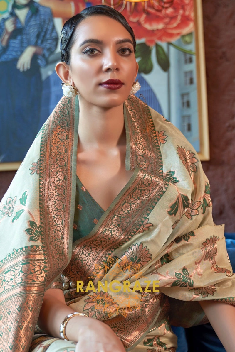Shimmering Yellow Organza Copper Zari Weaving Banarasi Silk Saree