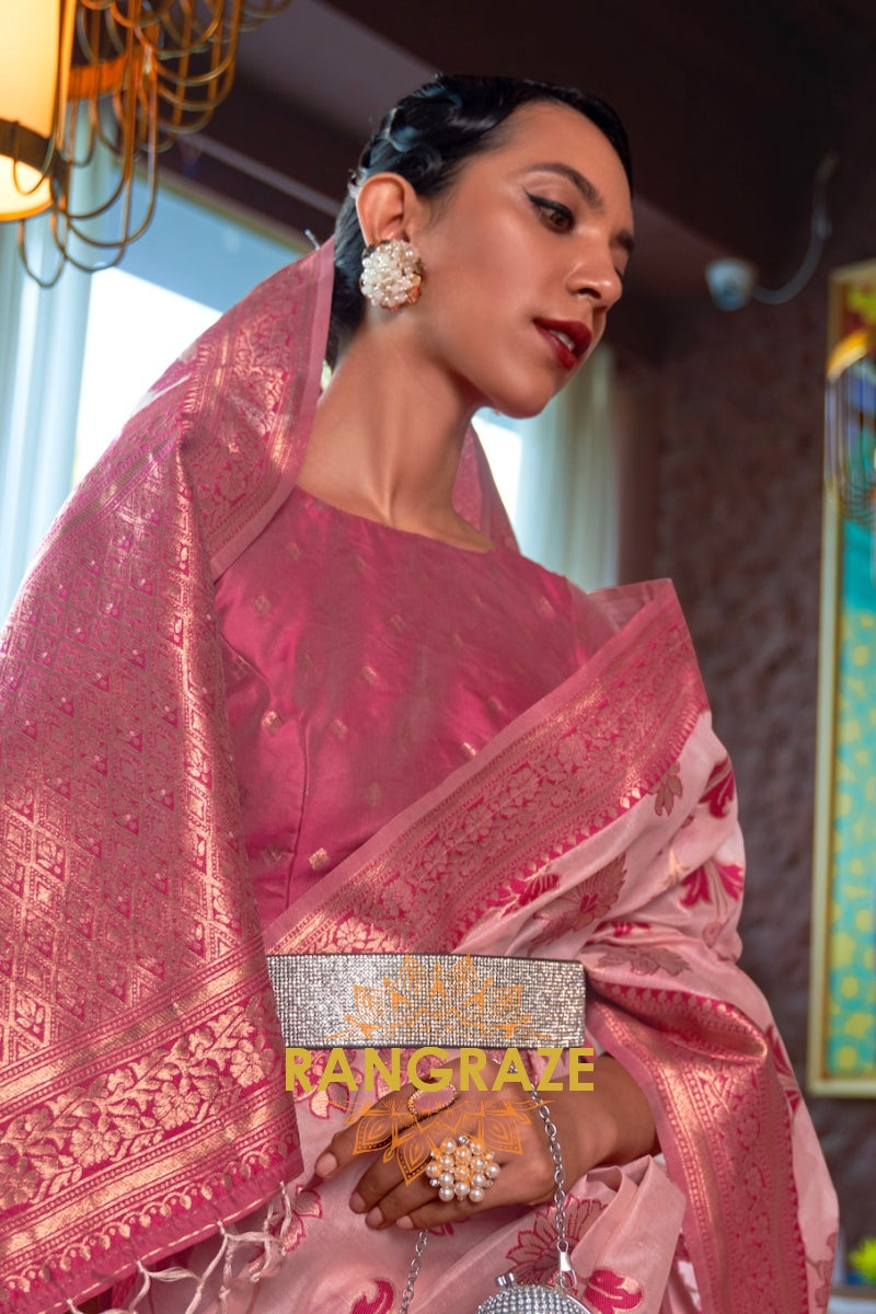 Shimmering Pink Organza Copper Zari Weaving Banarasi Silk Saree