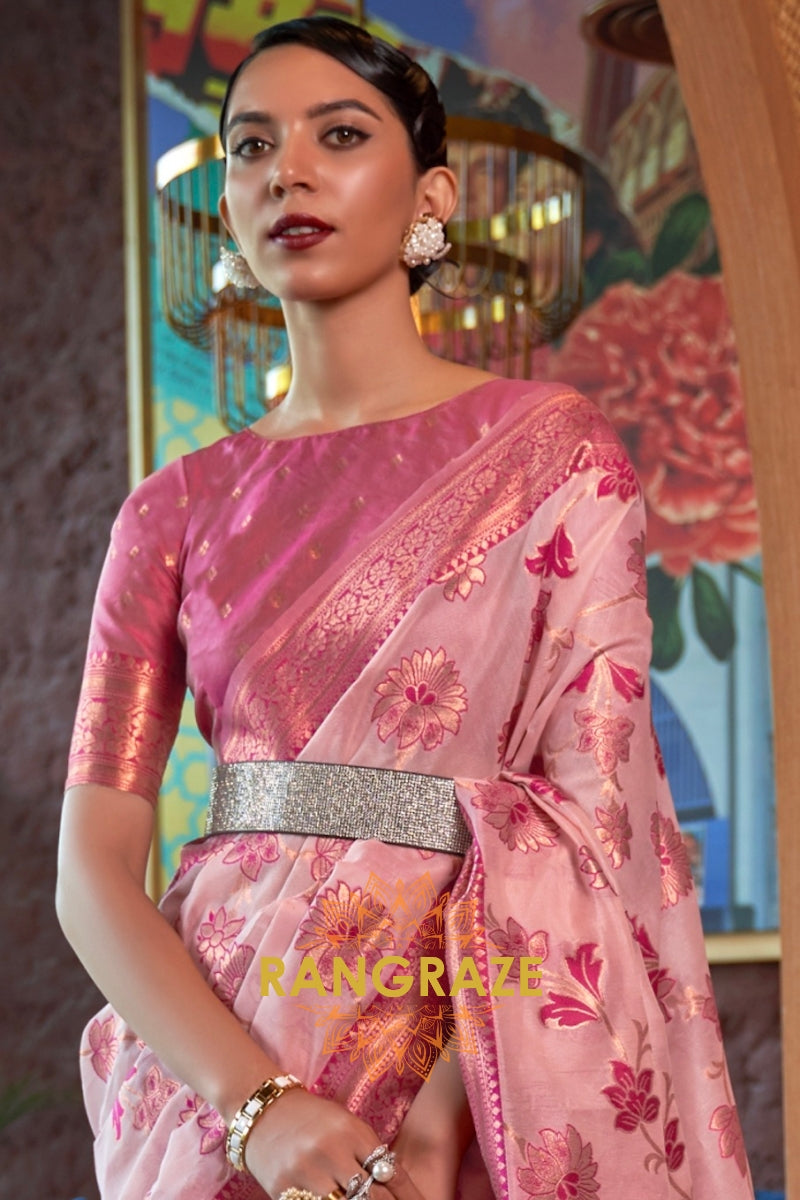 Shimmering Pink Organza Copper Zari Weaving Banarasi Silk Saree