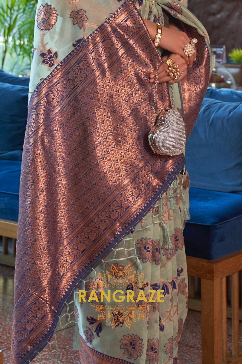 Shimmering Turquoise Blue Organza Copper Zari Weaving Banarasi Silk Saree