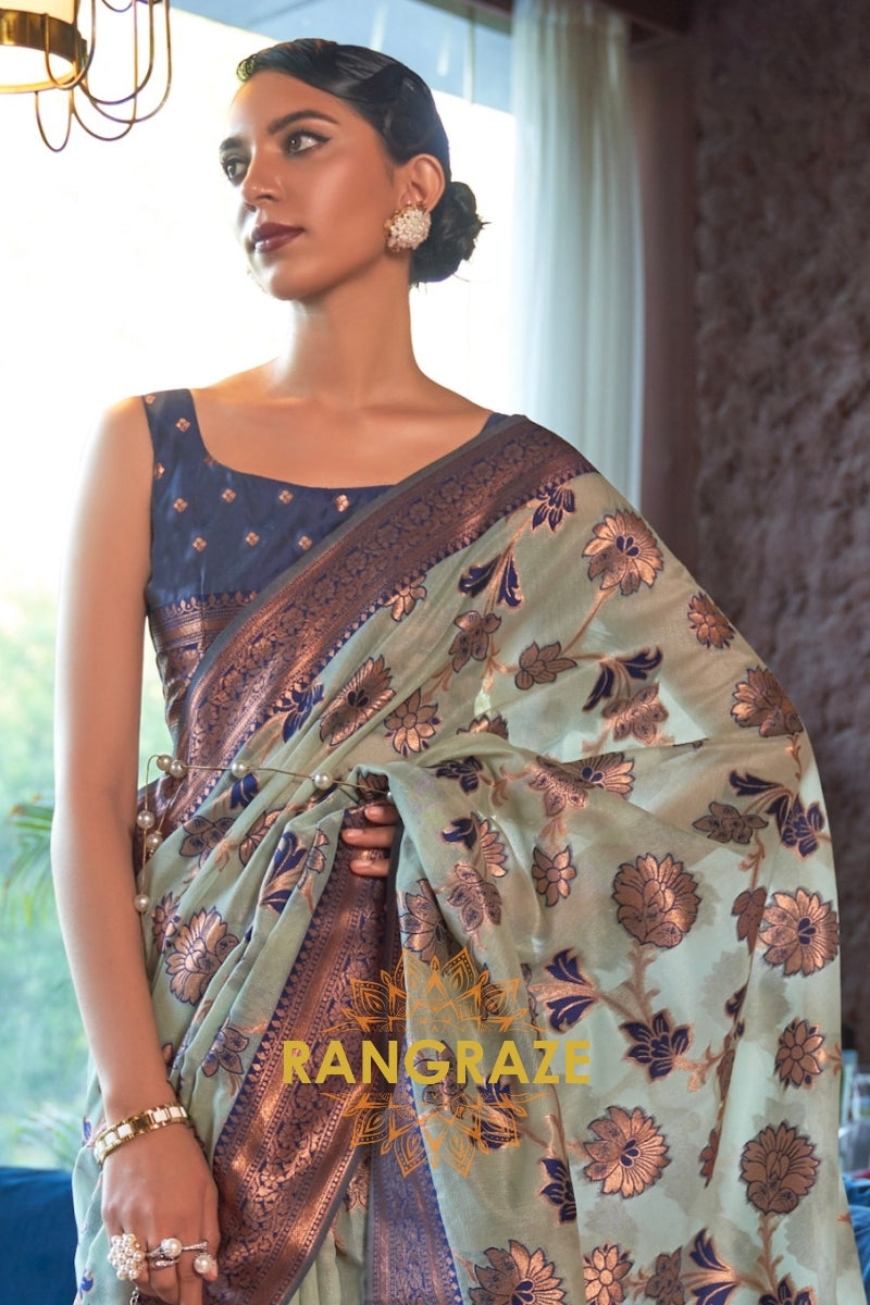 Shimmering Turquoise Blue Organza Copper Zari Weaving Banarasi Silk Saree