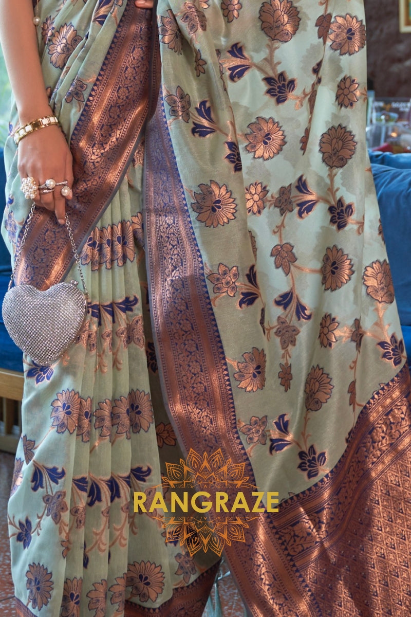 Shimmering Turquoise Blue Organza Copper Zari Weaving Banarasi Silk Saree