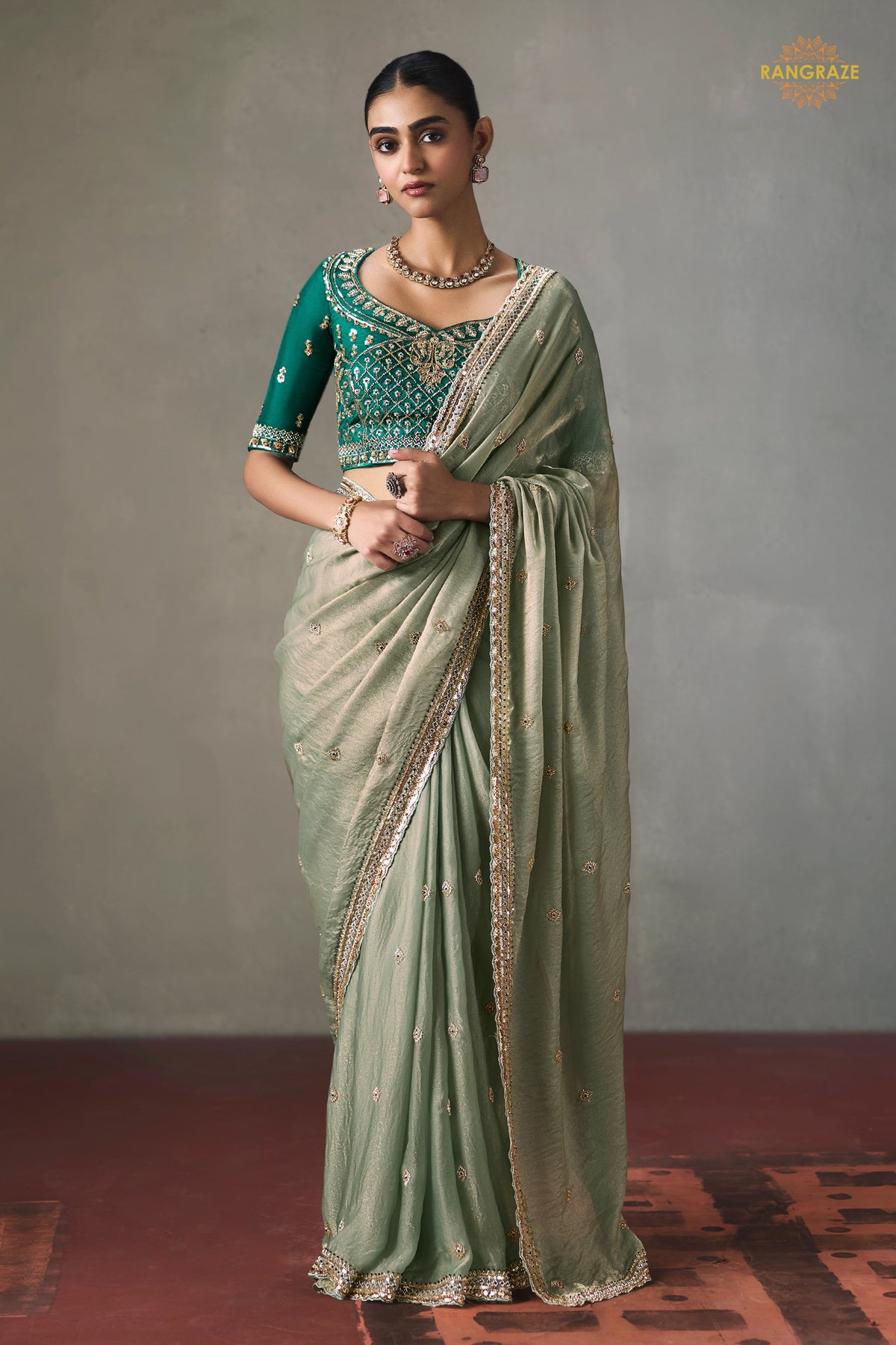 Sage Green Bead Work Sheer Texture Silk Saree