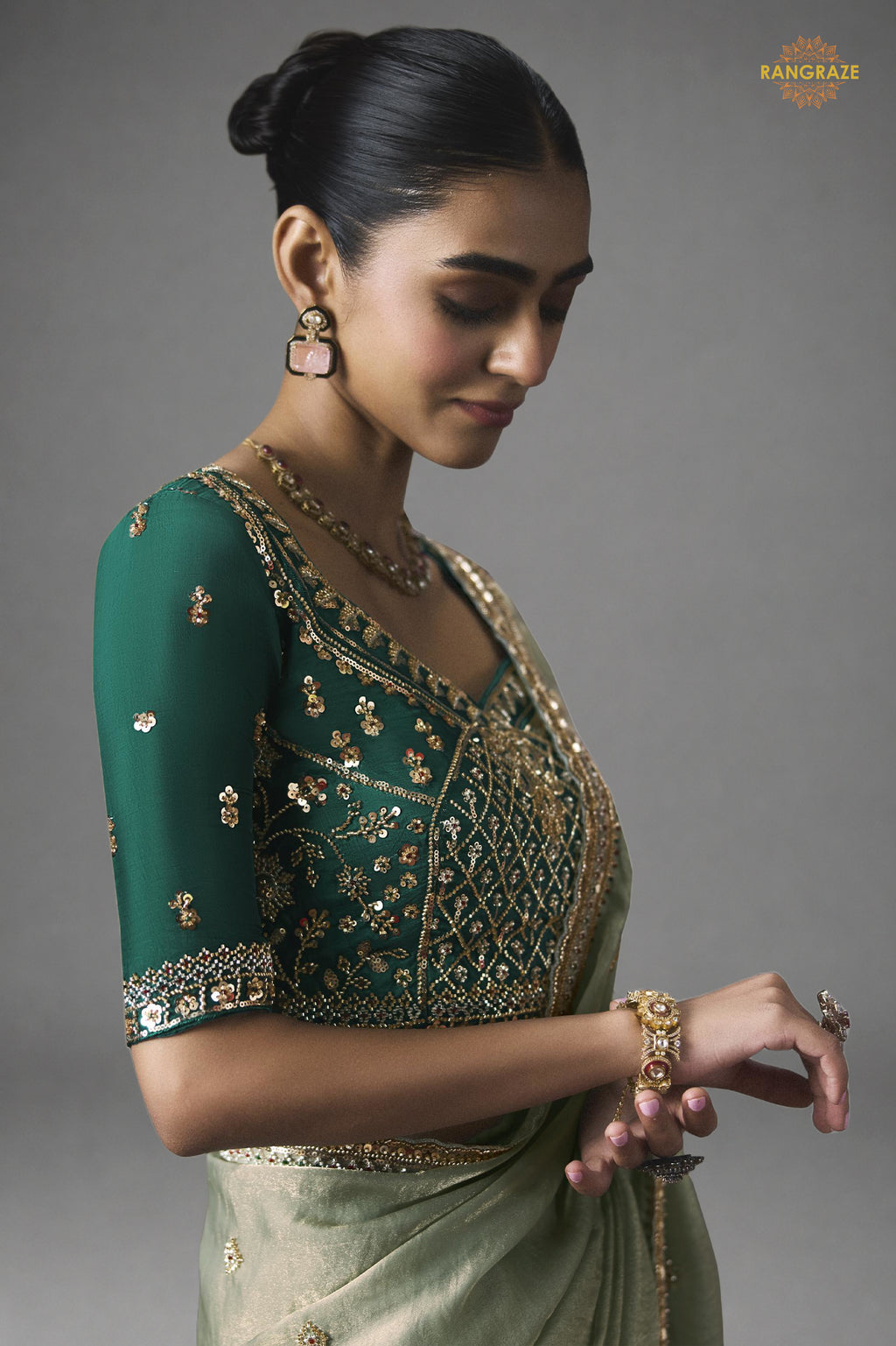 Sage Green Bead Work Sheer Texture Silk Saree