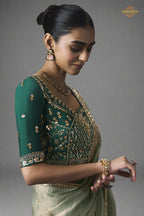 Sage Green Bead Work Sheer Texture Silk Saree