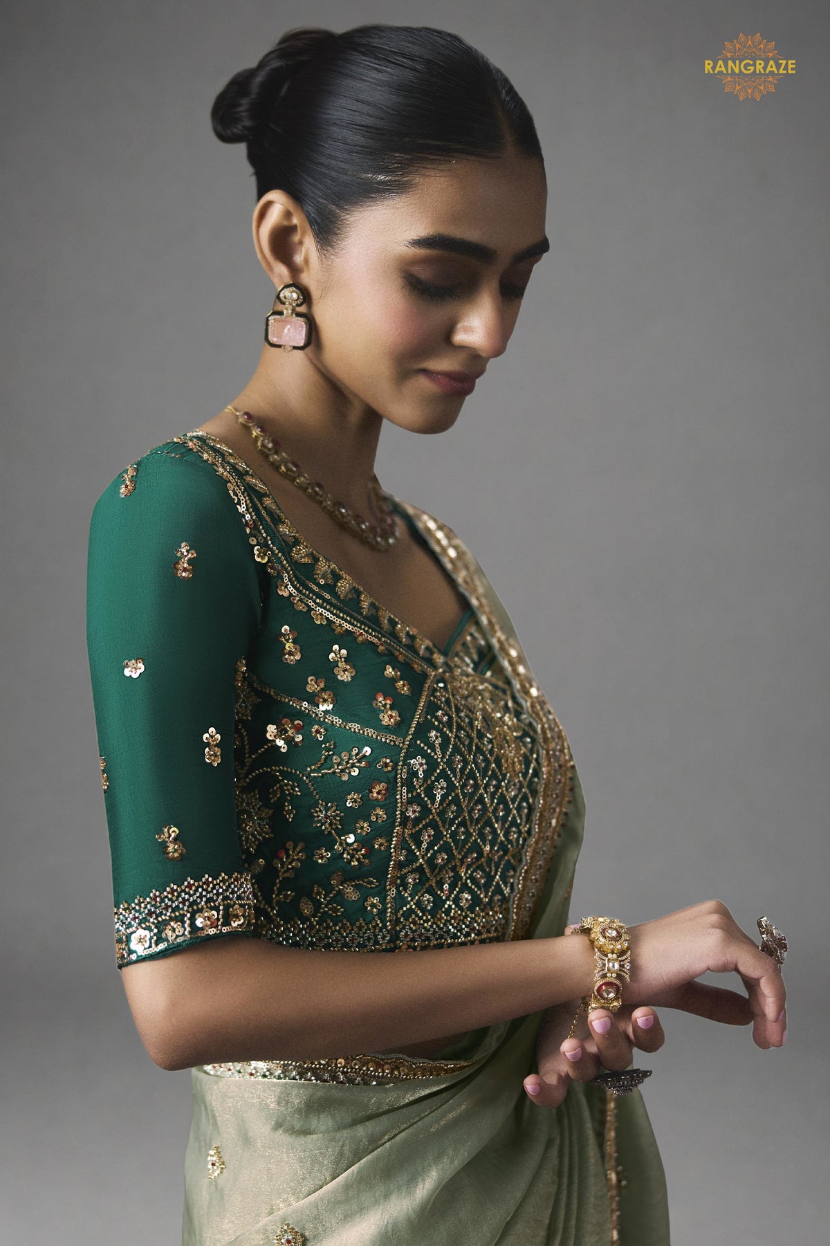 Sage Green Bead Work Sheer Texture Silk Saree