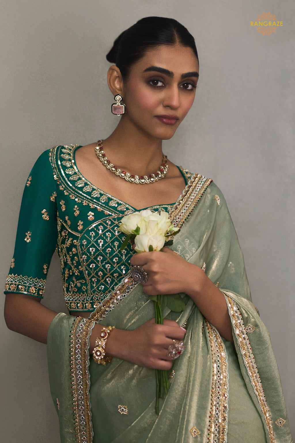 Sage Green Bead Work Sheer Texture Silk Saree