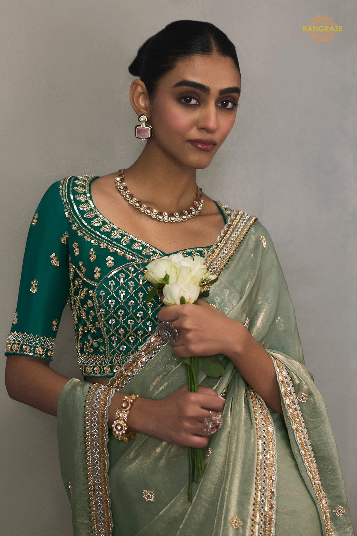 Sage Green Bead Work Sheer Texture Silk Saree