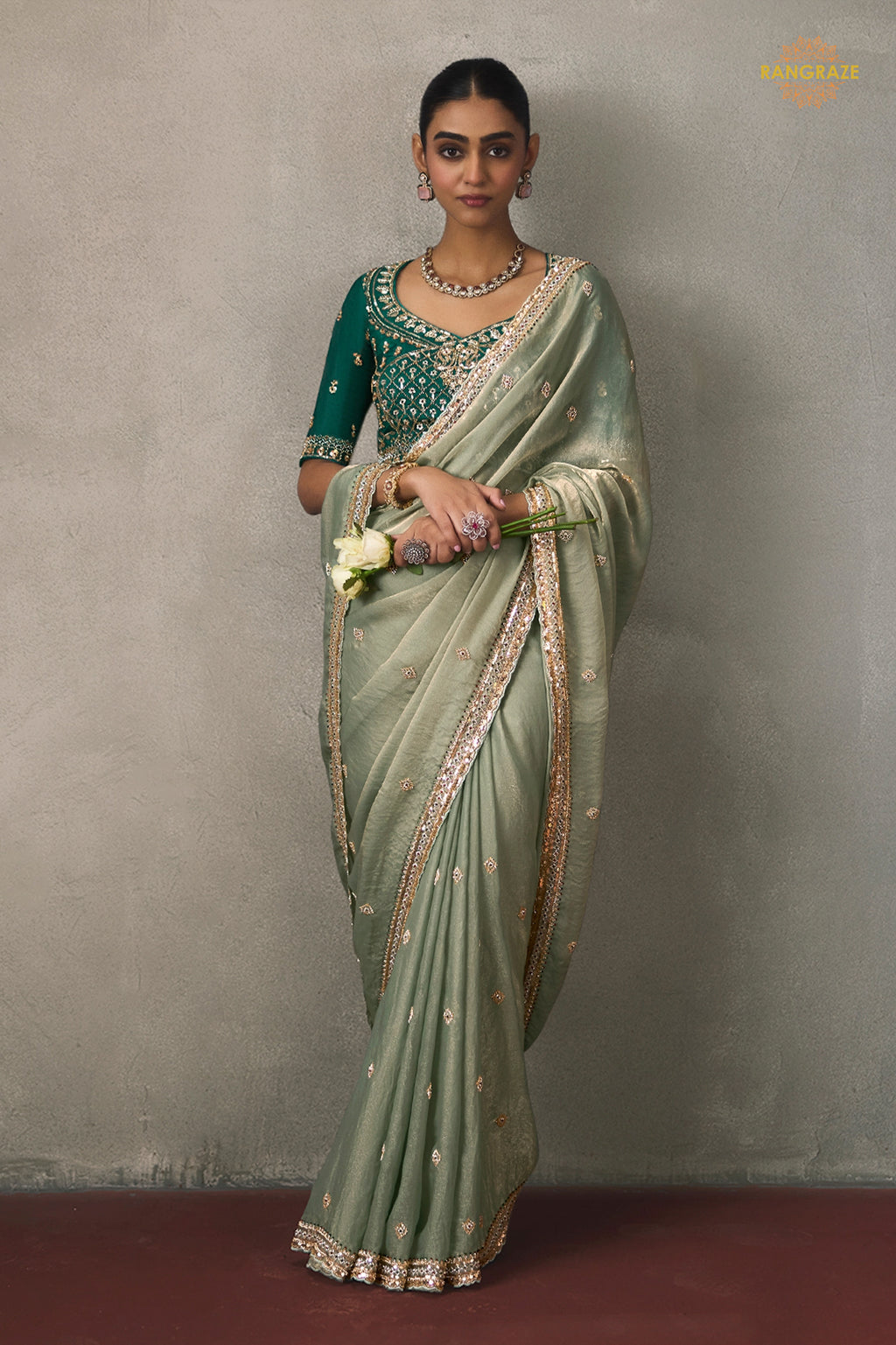 Sage Green Bead Work Sheer Texture Silk Saree