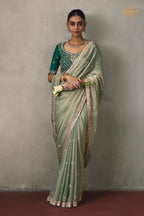 Sage Green Bead Work Sheer Texture Silk Saree