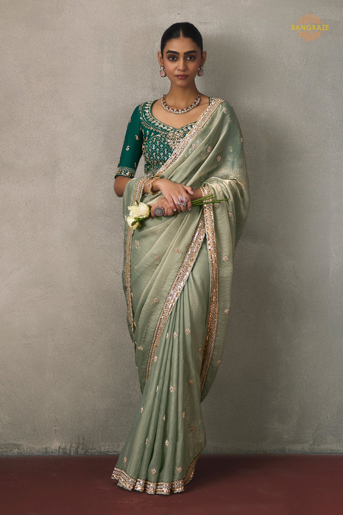 Sage Green Bead Work Sheer Texture Silk Saree