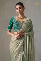 Sage Green Bead Work Sheer Texture Silk Saree