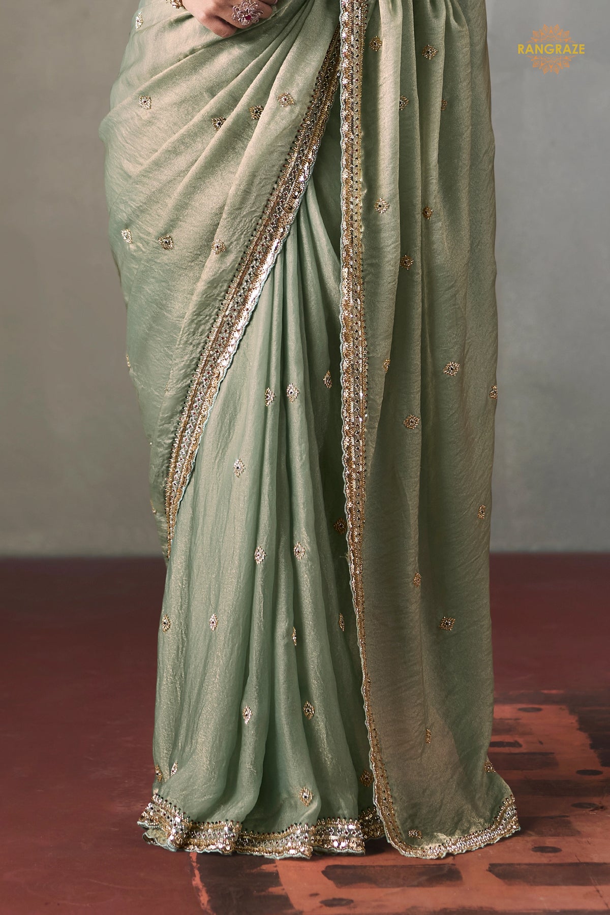 Sage Green Bead Work Sheer Texture Silk Saree