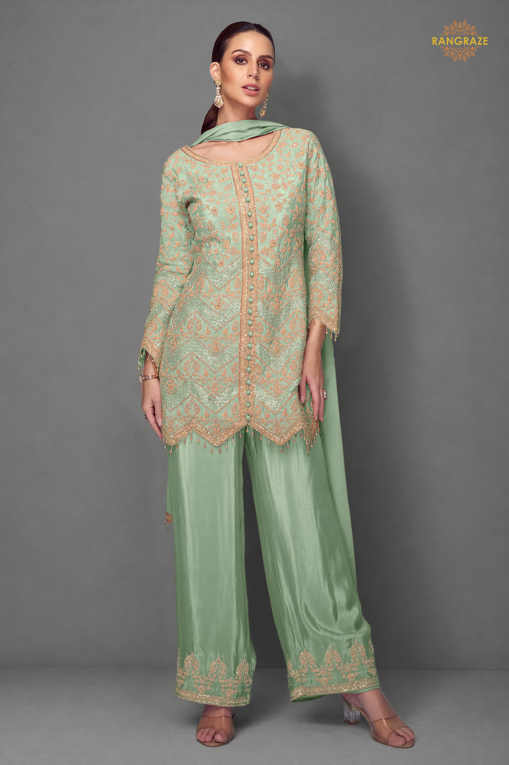 Sage Green Embroidered Stitched Chinon Suit Set
