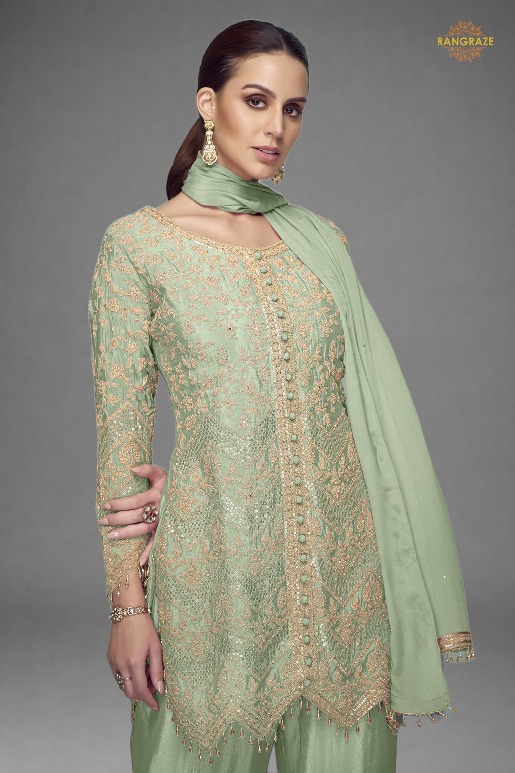 Sage Green Embroidered Stitched Chinon Suit Set