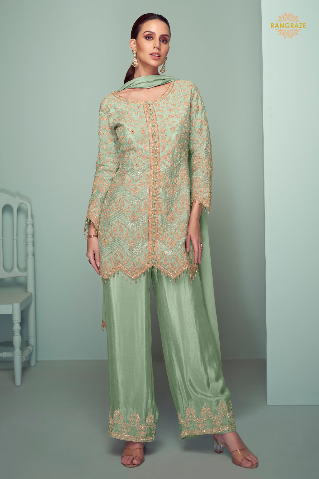 Sage Green Embroidered Stitched Chinon Suit Set