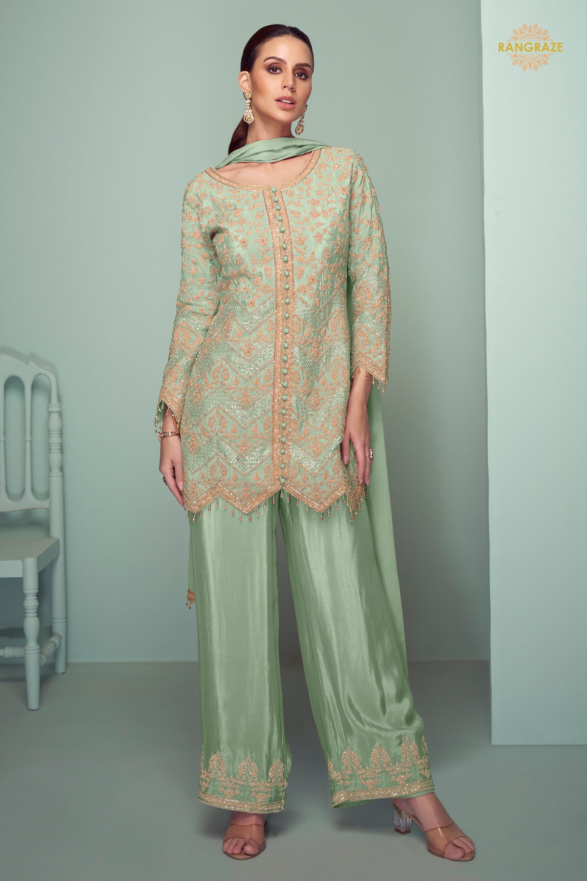 Sage Green Embroidered Stitched Chinon Suit Set