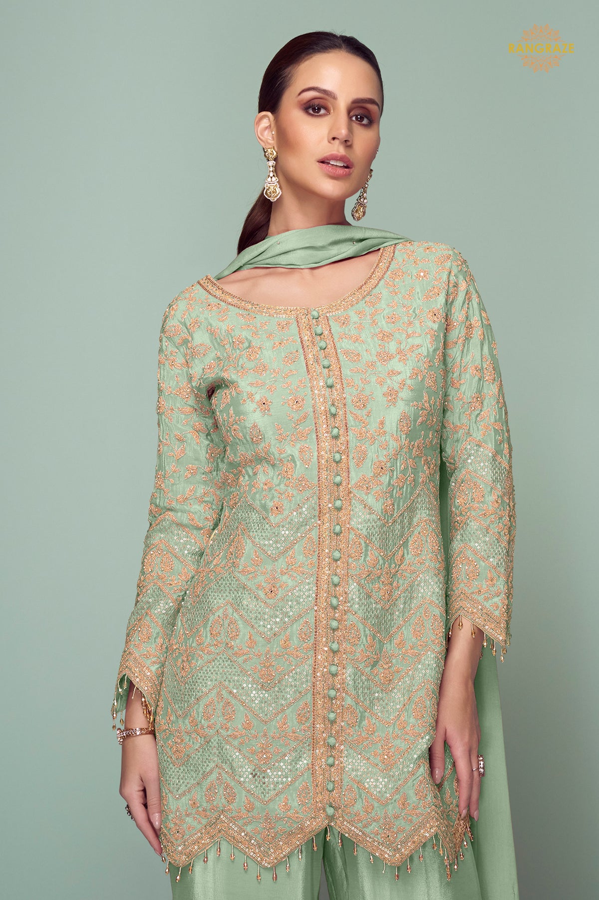 Sage Green Embroidered Stitched Chinon Suit Set