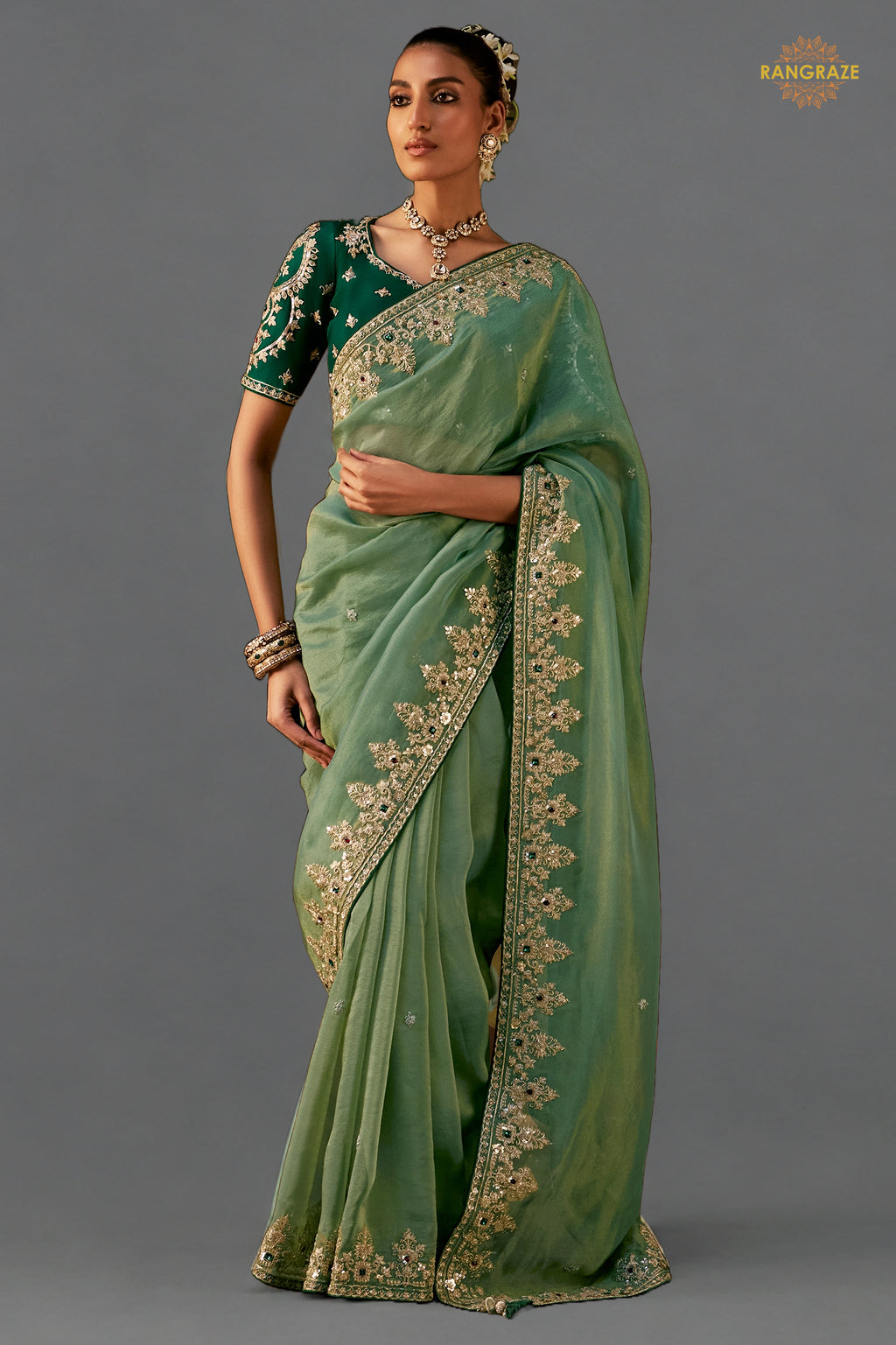 Sage Green Embroidered Viscose Tissue Saree