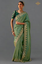 Sage Green Embroidered Viscose Tissue Saree