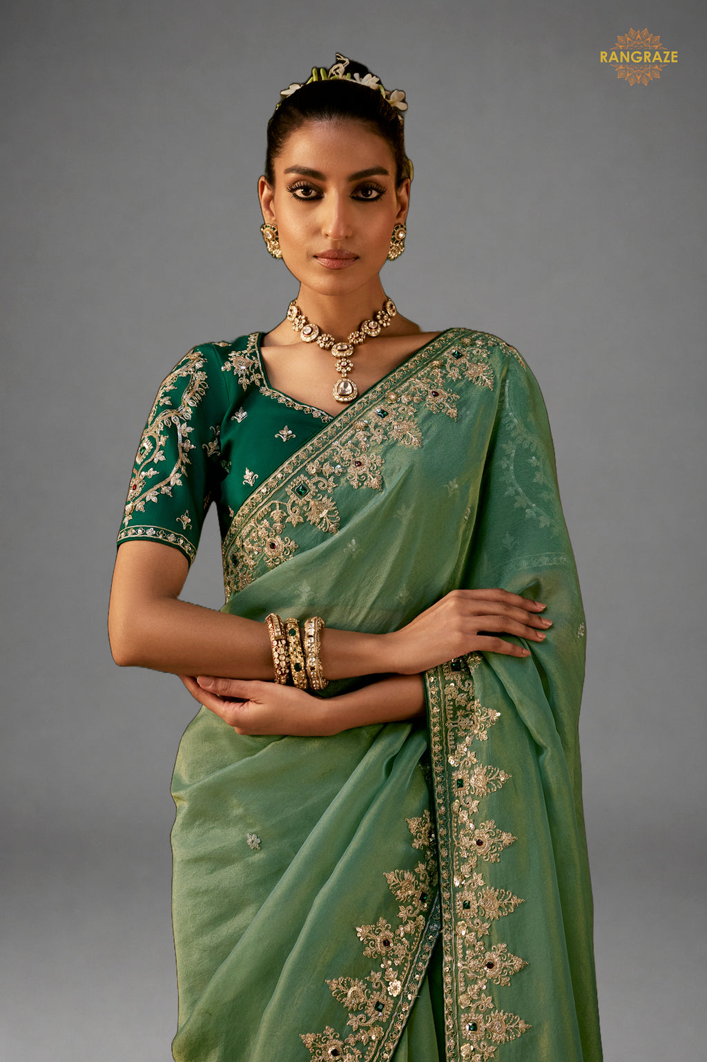 Sage Green Embroidered Viscose Tissue Saree