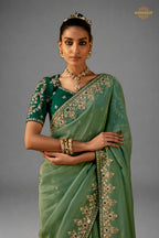 Sage Green Embroidered Viscose Tissue Saree