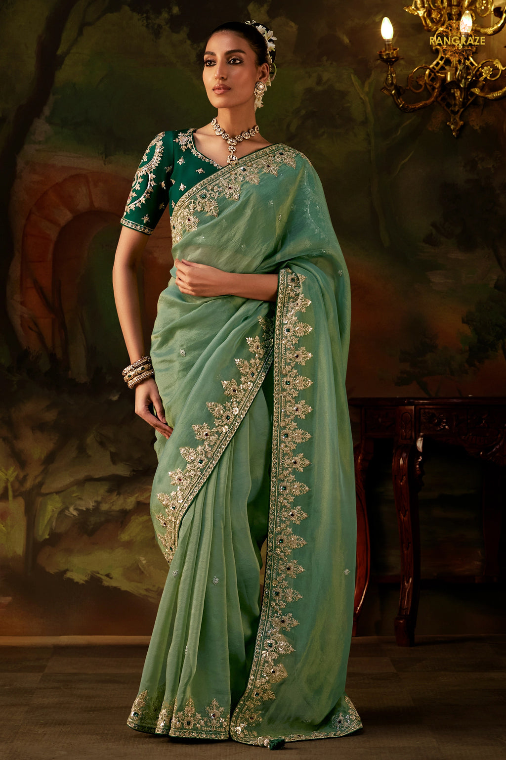 Sage Green Embroidered Viscose Tissue Saree