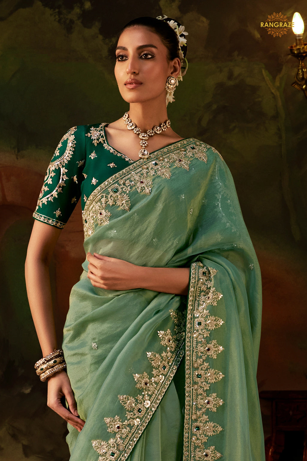 Sage Green Embroidered Viscose Tissue Saree