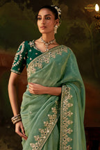 Sage Green Embroidered Viscose Tissue Saree