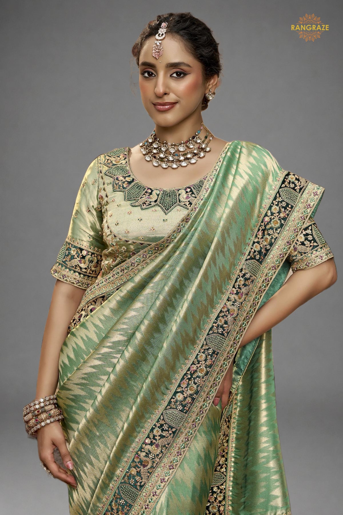 Sage Green Embroidred Fancy Silk Saree