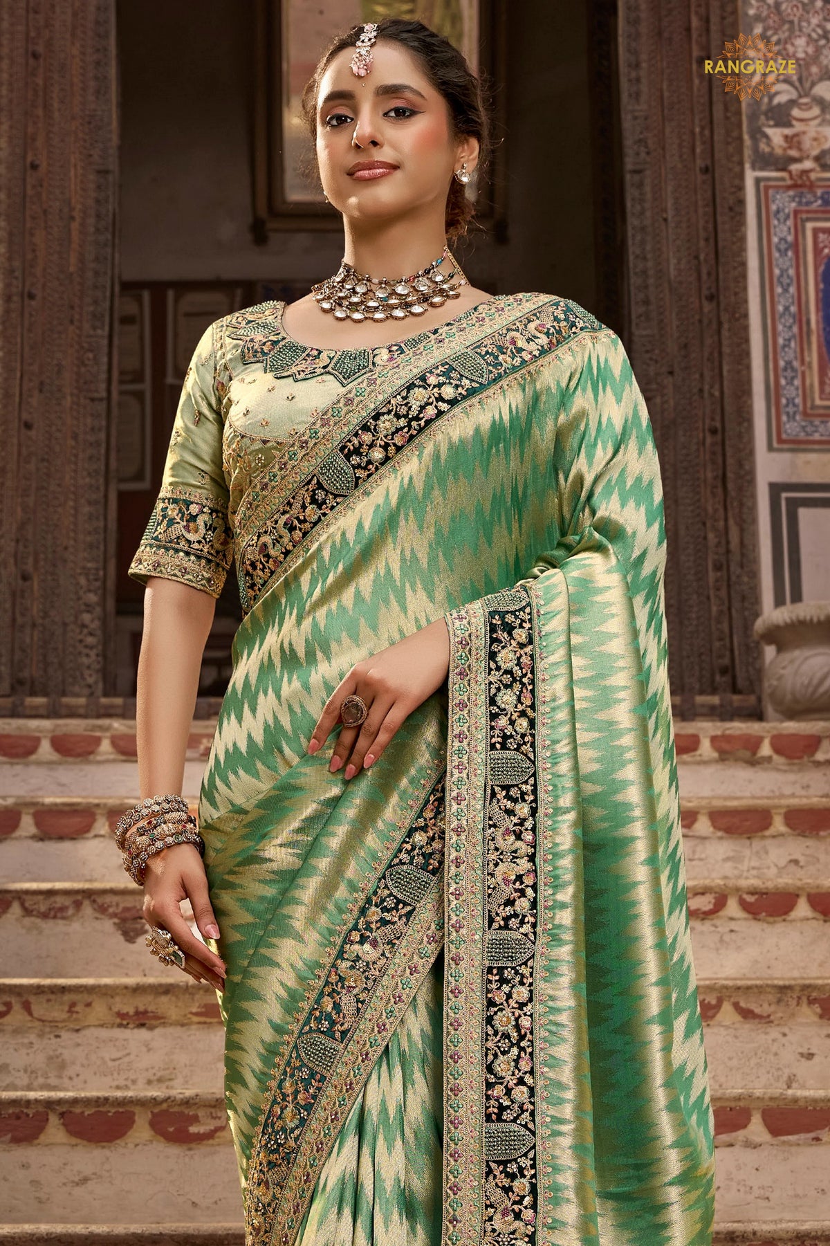 Sage Green Embroidred Fancy Silk Saree