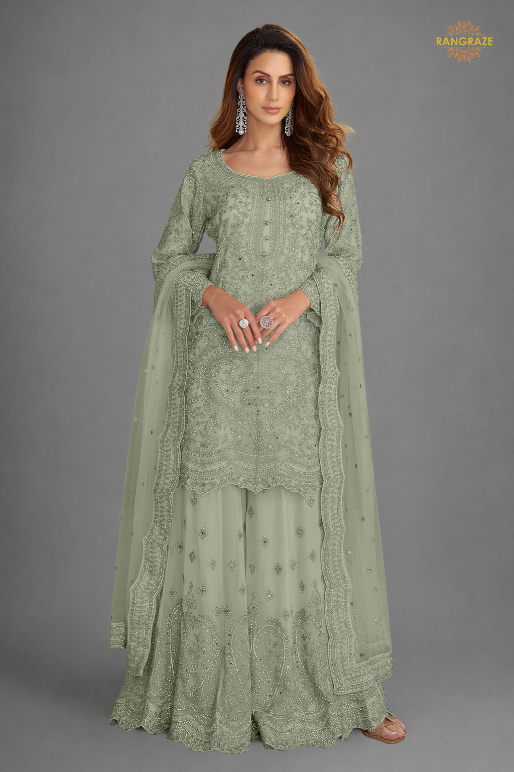 Sage Grey Stitched Embroidered Net Palazzo Suit