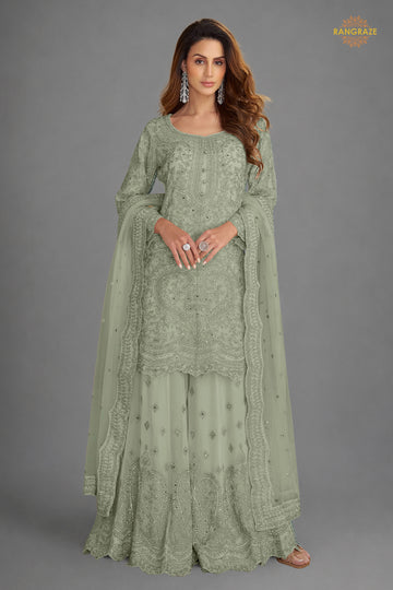 Sage Grey Stitched Embroidered Net Palazzo Suit