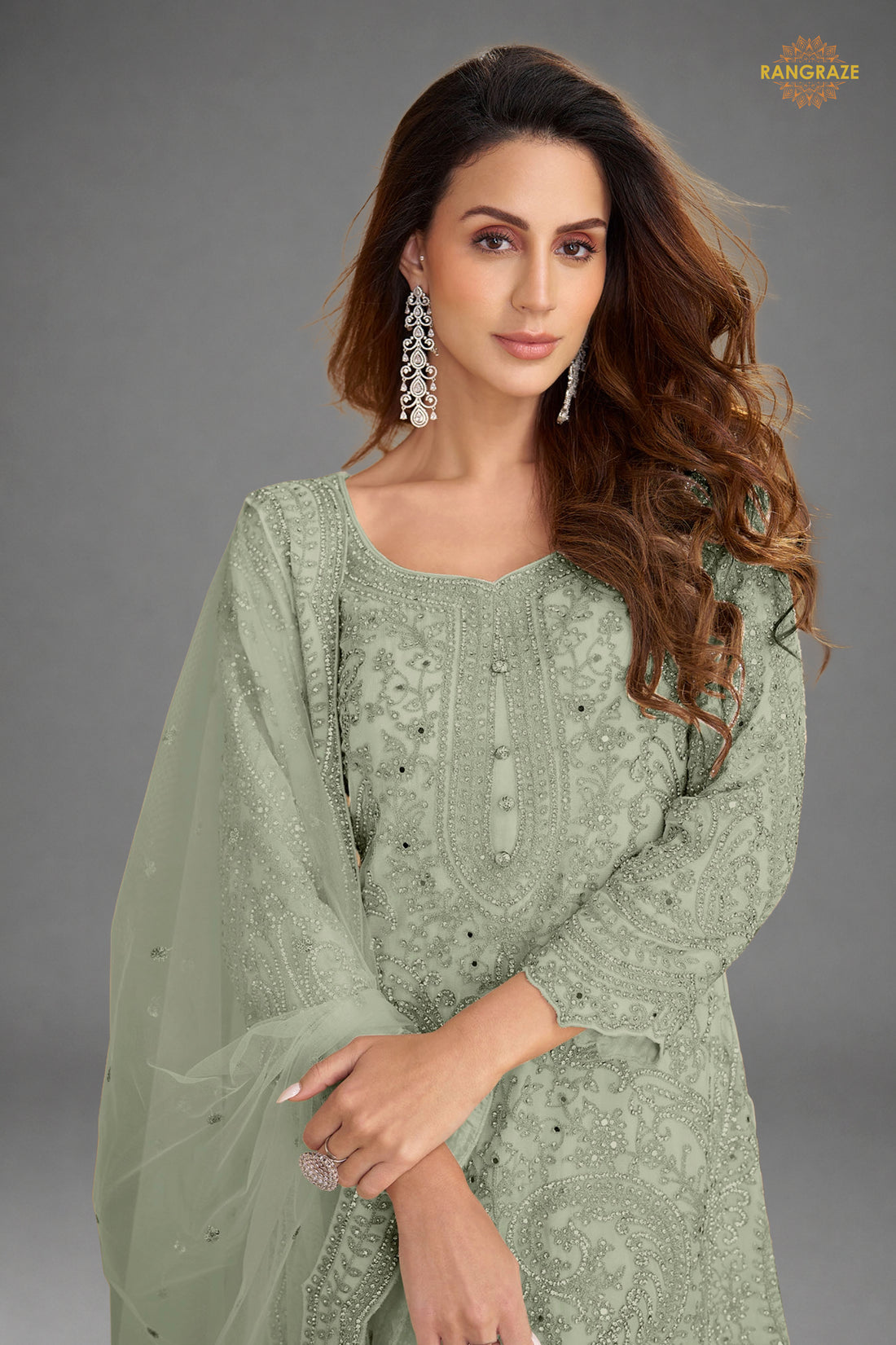 Sage Grey Stitched Embroidered Net Palazzo Suit