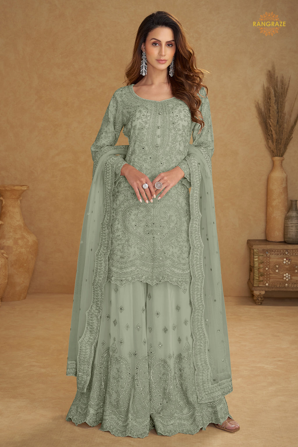 Sage Grey Stitched Embroidered Net Palazzo Suit