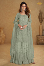 Sage Grey Stitched Embroidered Net Palazzo Suit