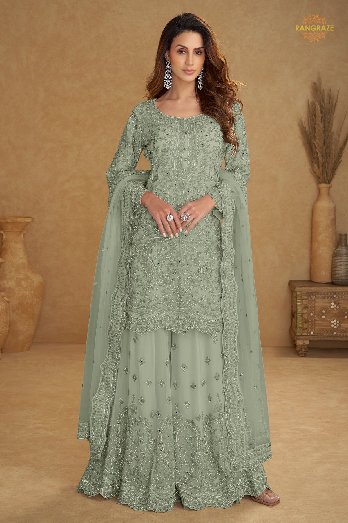 Sage Grey Stitched Embroidered Net Palazzo Suit
