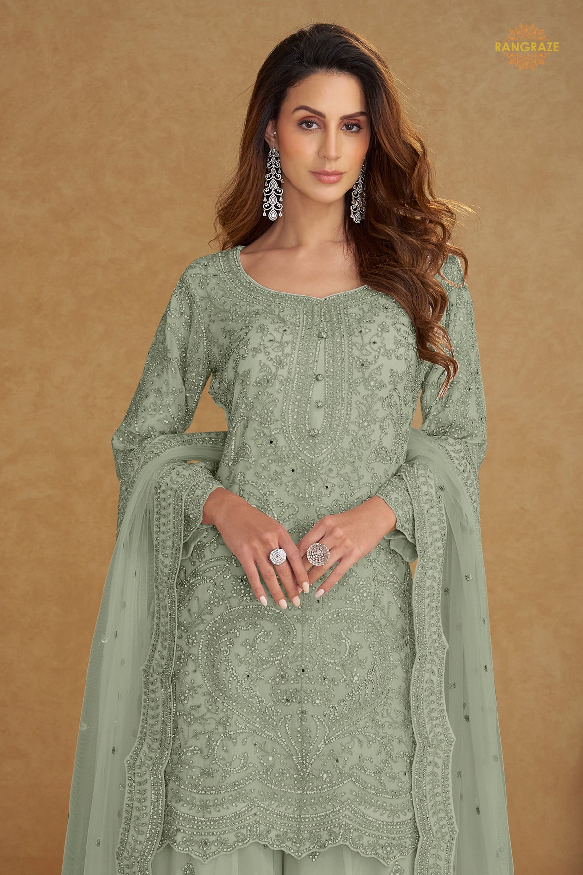 Sage Grey Stitched Embroidered Net Palazzo Suit